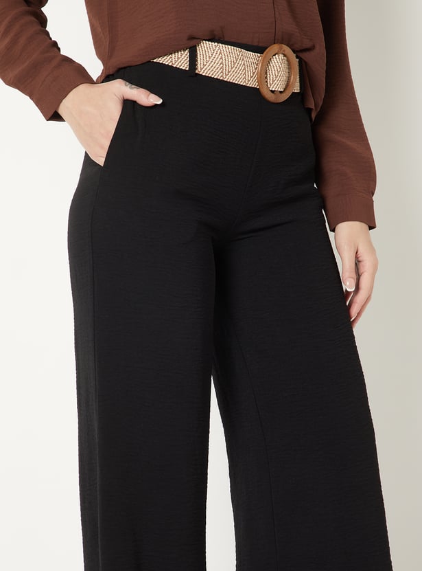 Women Solid Wide Leg Trousers with Belt