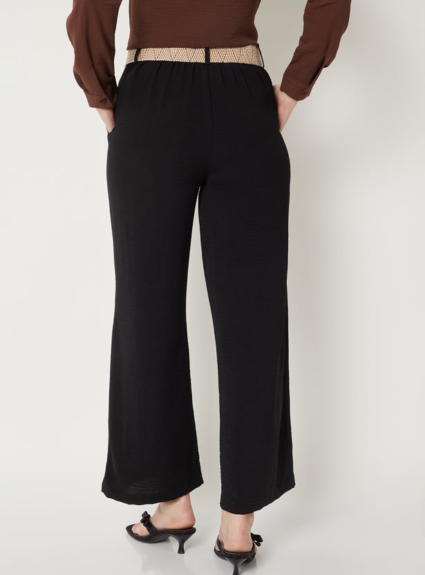 Women Solid Wide Leg Trousers with Belt
