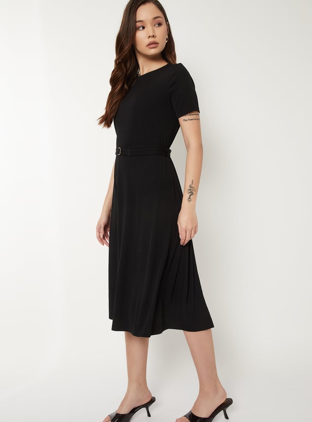 Women Textured A-line Belted Dress