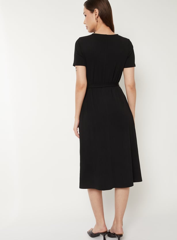 Women Textured A-line Belted Dress