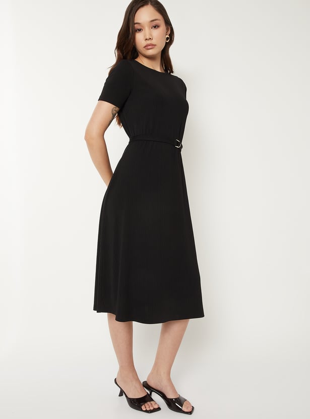 Women Textured A-line Belted Dress