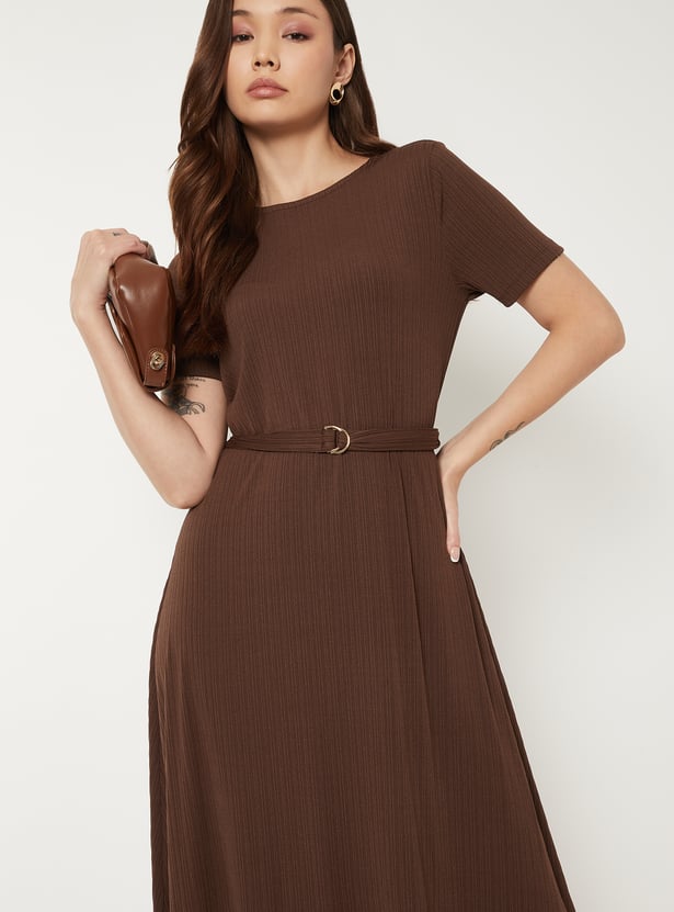 Women Textured A-line Belted Dress