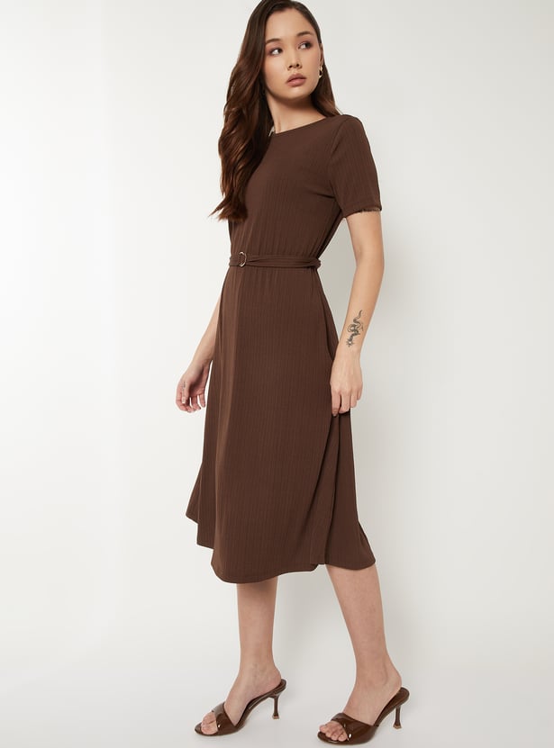 Women Textured A-line Belted Dress