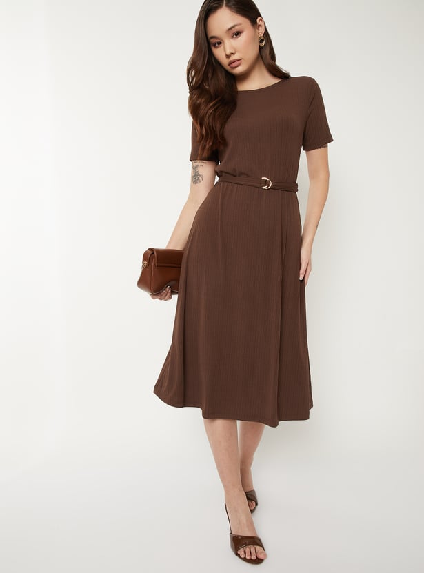 Women Textured A-line Belted Dress