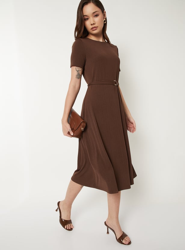 Women Textured A-line Belted Dress