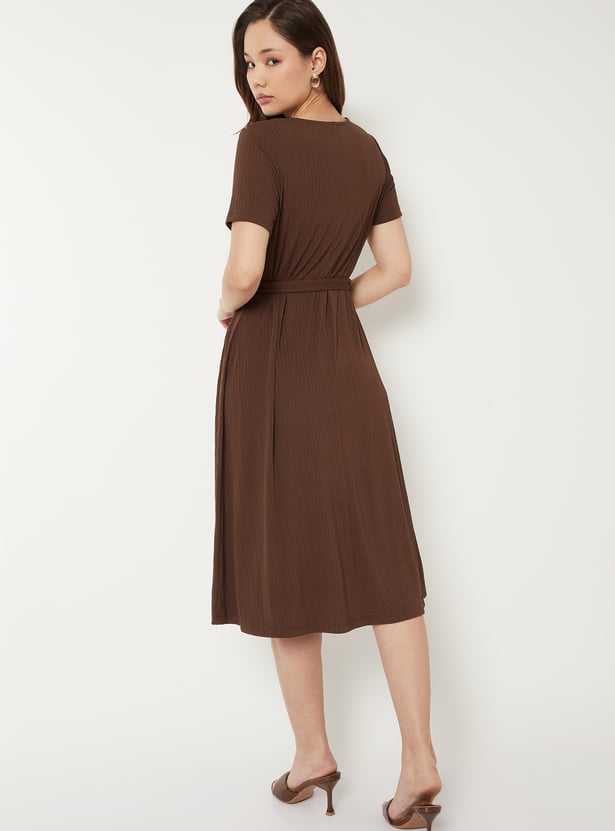 Women Textured A-line Belted Dress