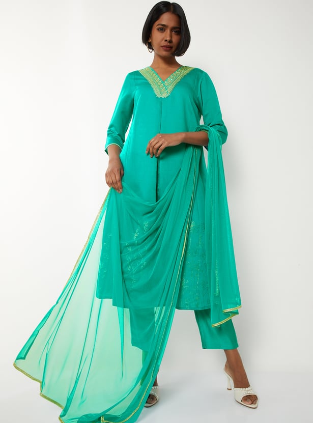 Women Embroidered A-line Kurta Set