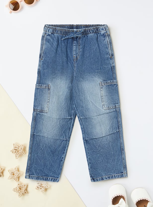 Girls Relaxed Fit Wide Leg Faded Jeans