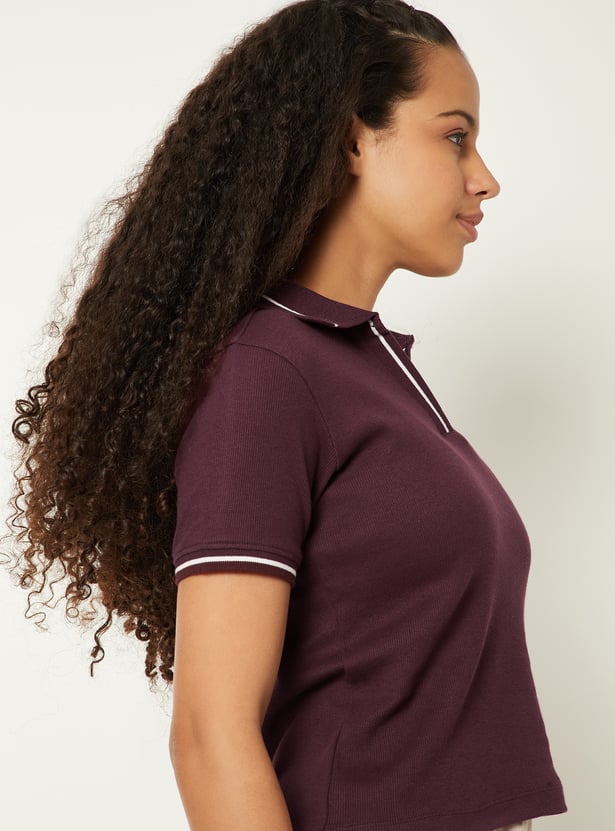 Women Solid Ribbed Polo T-shirt
