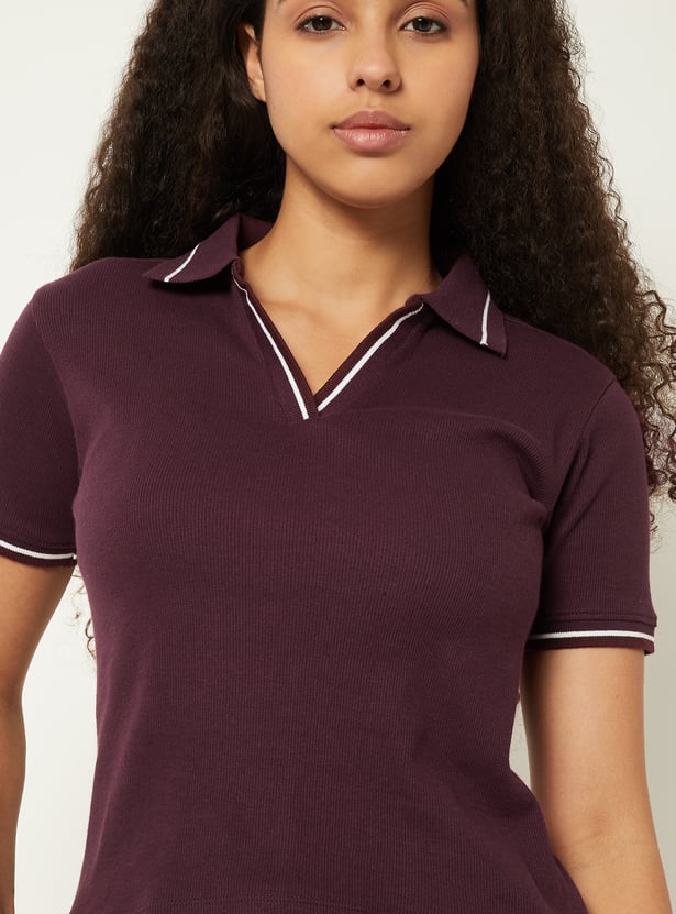 Women Solid Ribbed Polo T-shirt