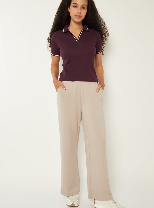 Women Solid Ribbed Polo T-shirt