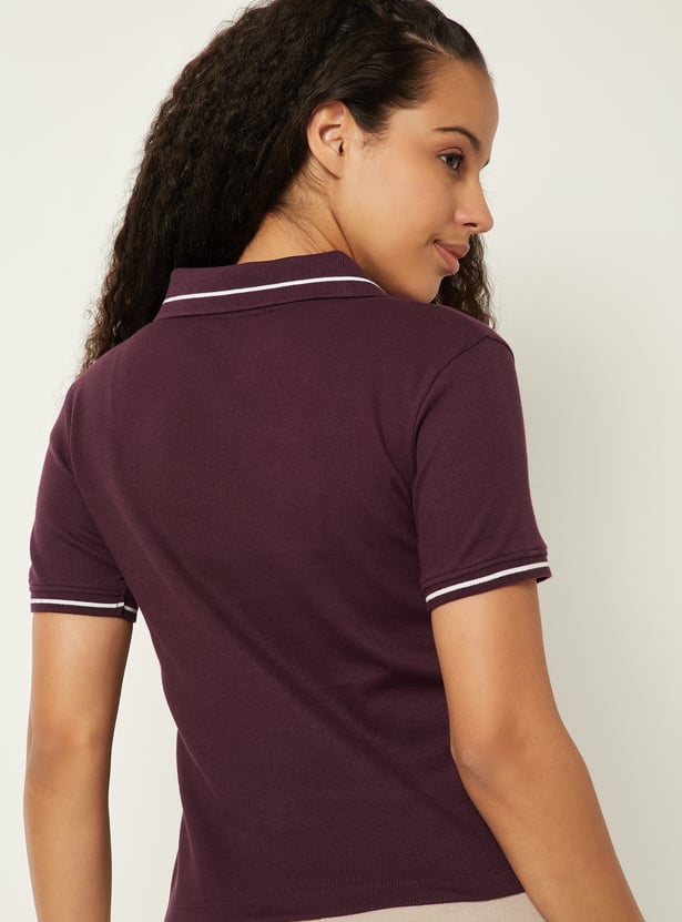 Women Solid Ribbed Polo T-shirt
