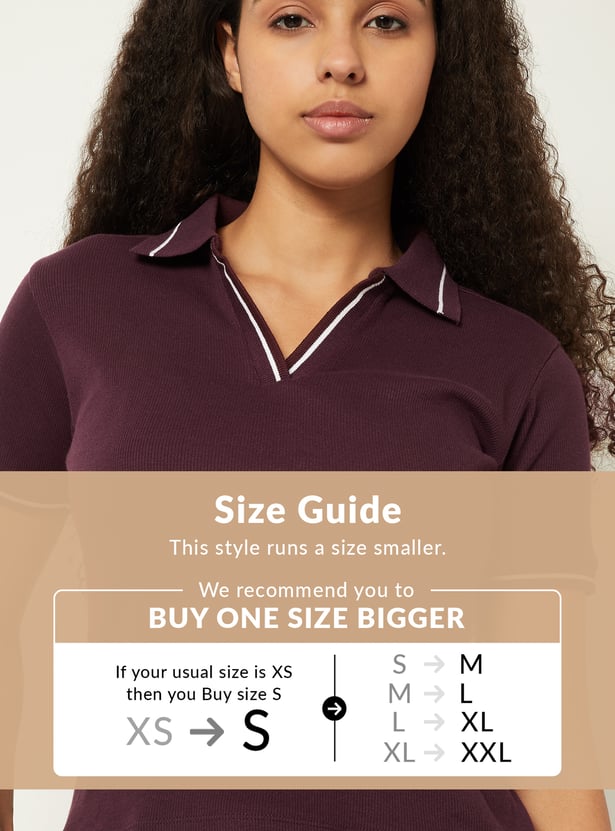 Women Solid Ribbed Polo T-shirt