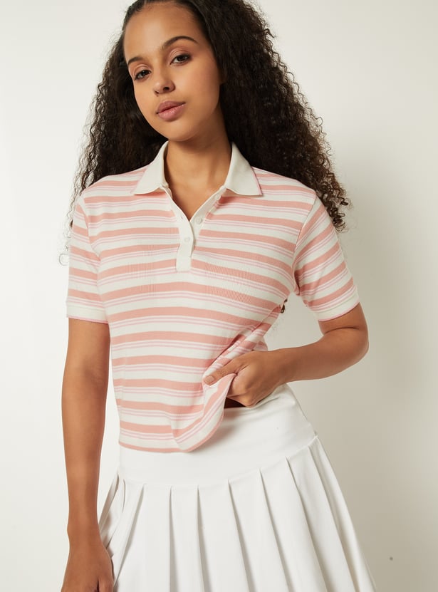Women Striped Athleisure Polo T-shirt