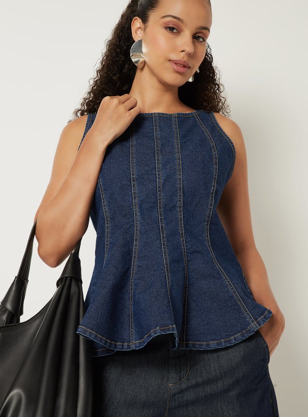 Women Pintuck Denim Peplum Top