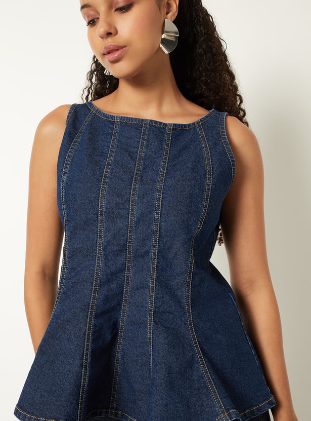 Women Pintuck Denim Peplum Top