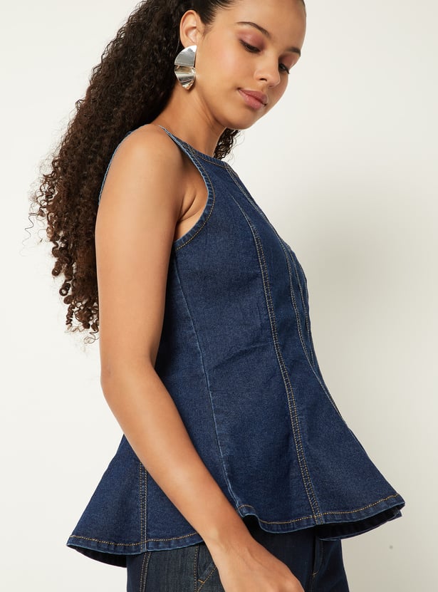 Women Pintuck Denim Peplum Top