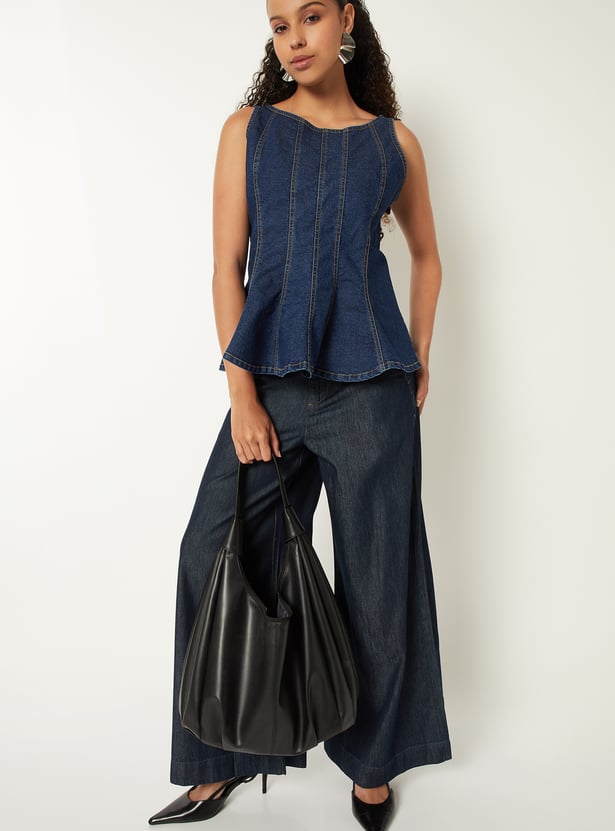 Women Pintuck Denim Peplum Top