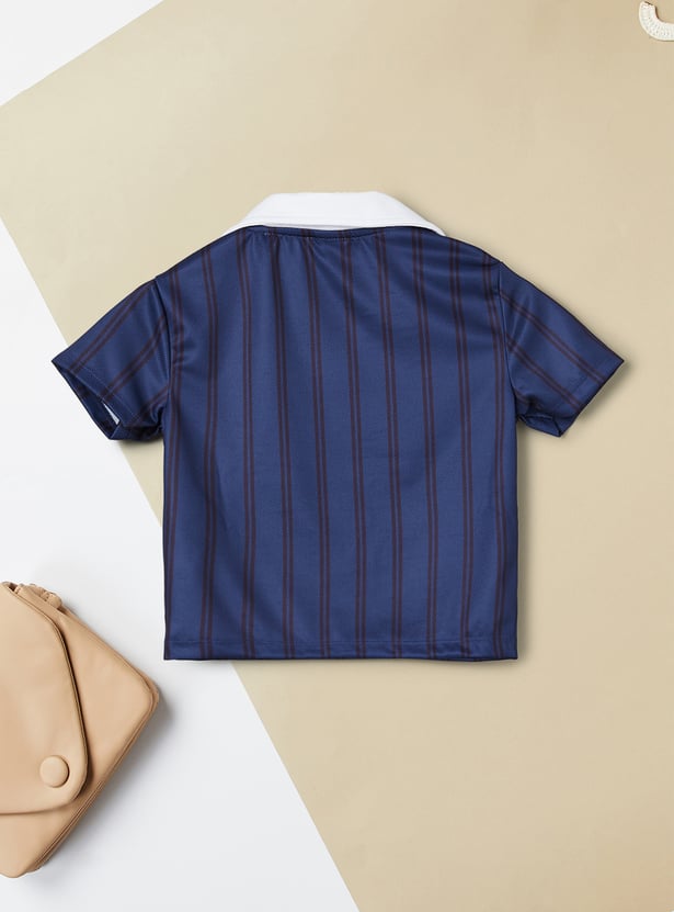Girls Striped Johnny Collar T-shirt