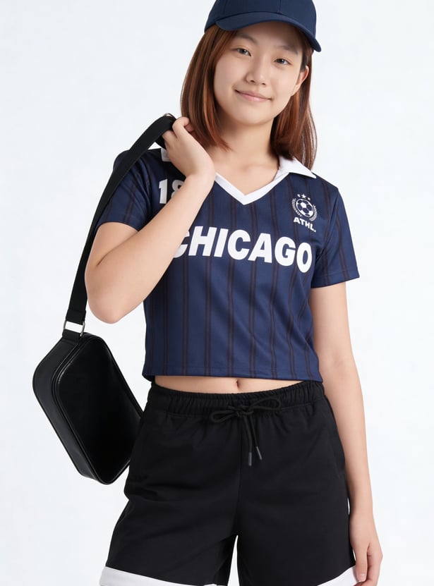 Girls Striped Johnny Collar T-shirt