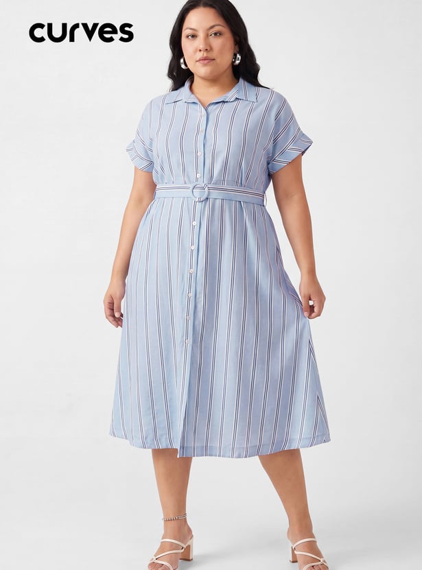 Women Striped Belted Shirt Dress