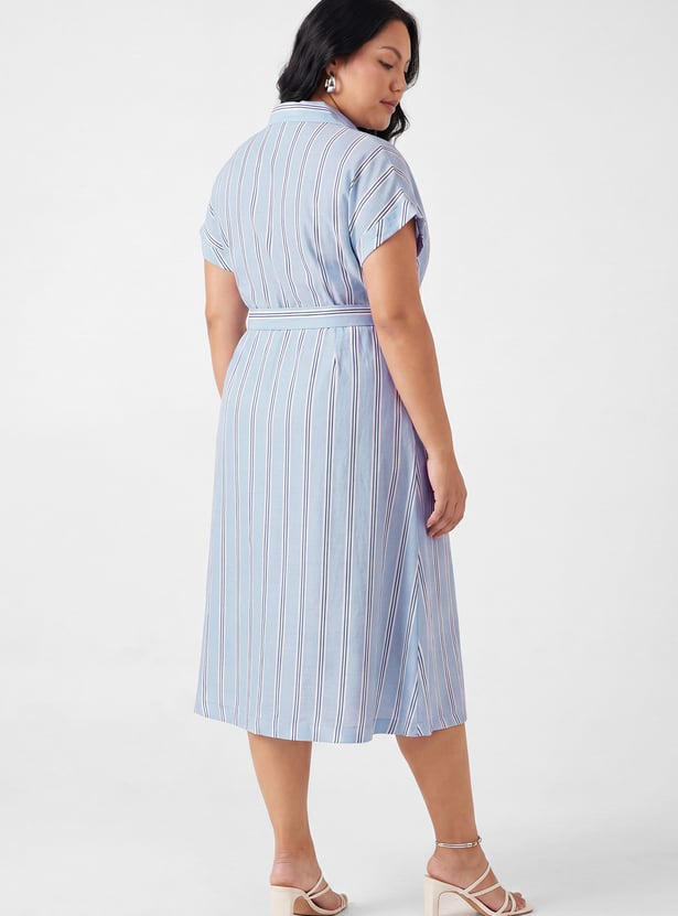 Women Striped Belted Shirt Dress