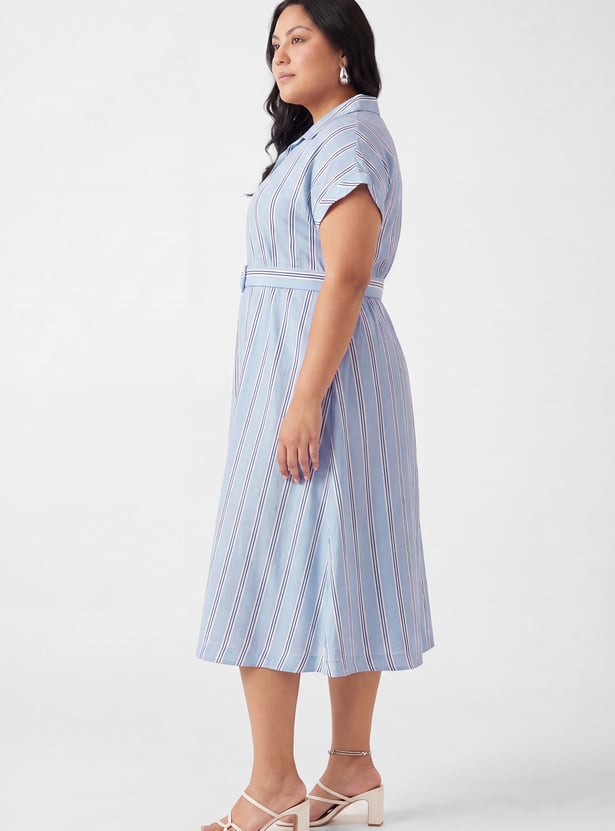 Women Striped Belted Shirt Dress