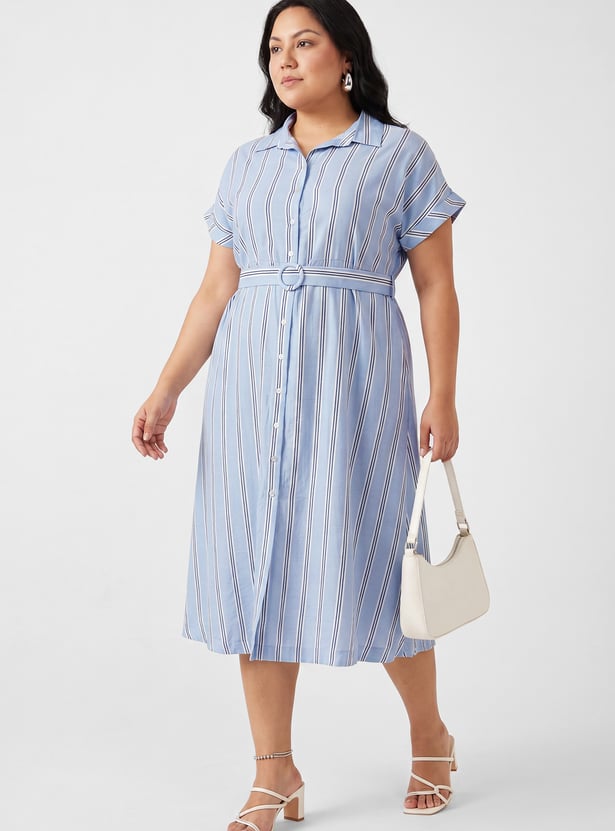 Women Striped Belted Shirt Dress