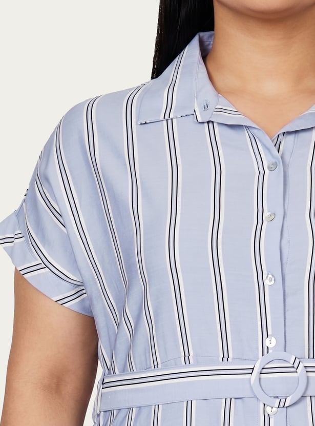 Women Striped Belted Shirt Dress