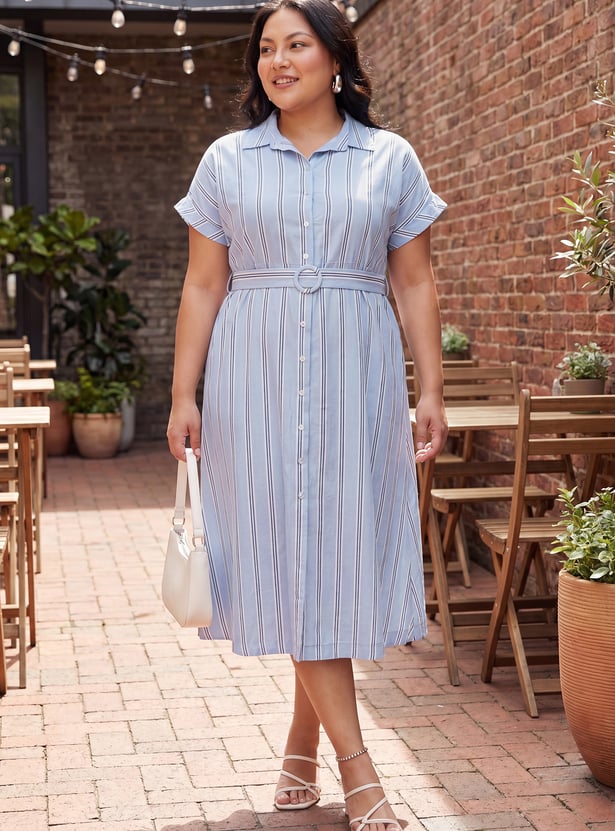 Women Striped Belted Shirt Dress