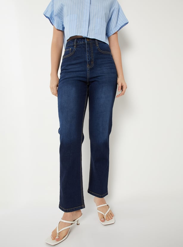 Women Dark Washed Slim Straight Jeans