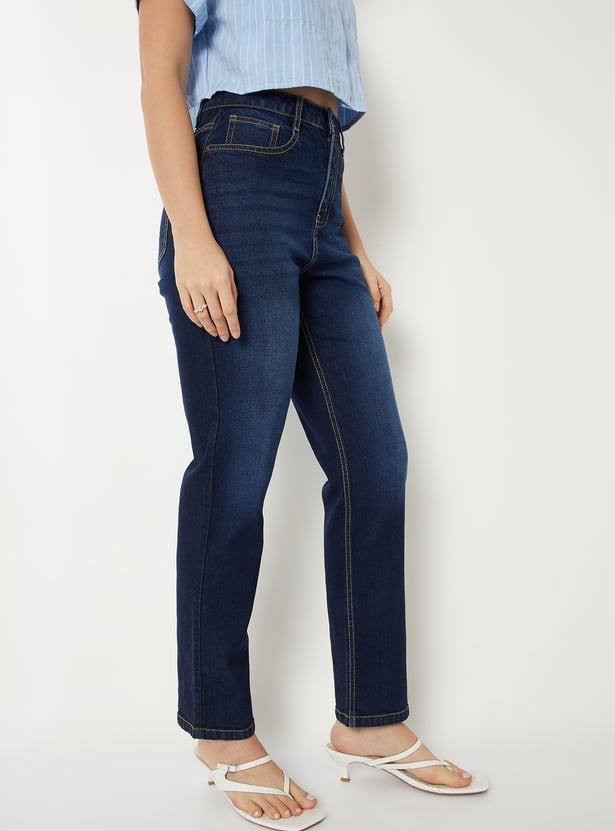 Women Dark Washed Slim Straight Jeans