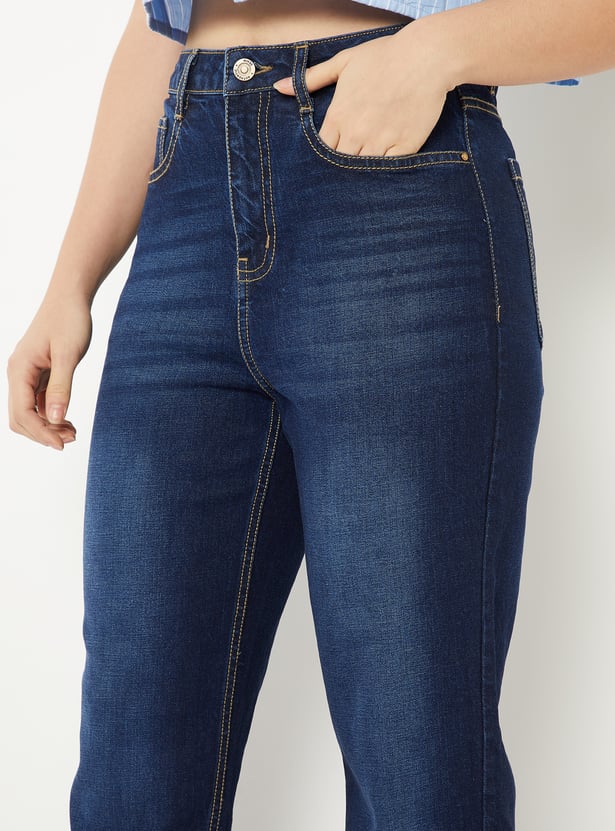 Women Dark Washed Slim Straight Jeans