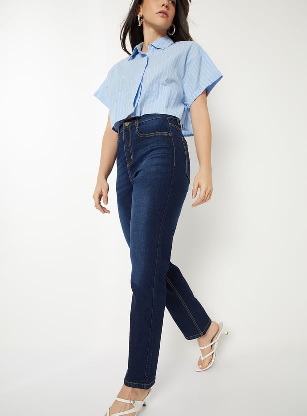 Women Dark Washed Slim Straight Jeans