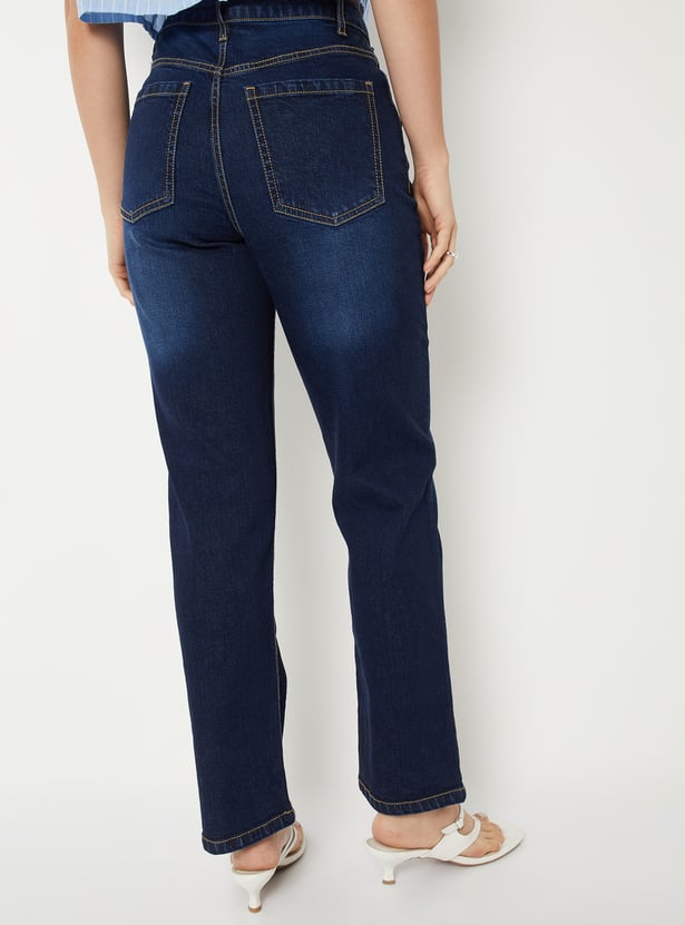 Women Dark Washed Slim Straight Jeans