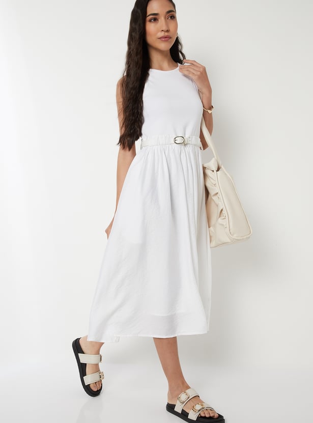 Women Solid A-line Midi Dress with Belt