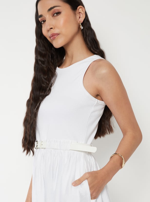 Women Solid A-line Midi Dress with Belt