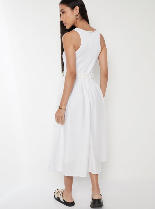 Women Solid A-line Midi Dress with Belt