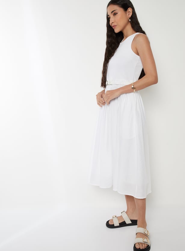 Women Solid A-line Midi Dress with Belt