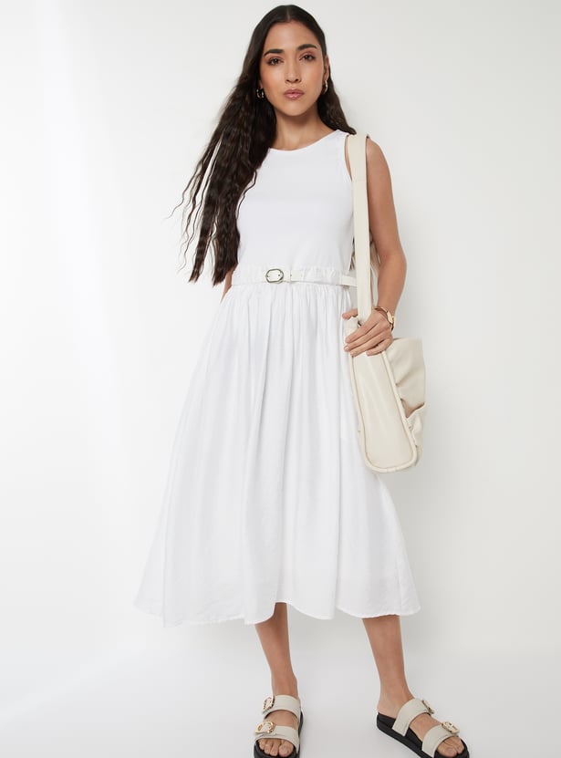 Women Solid A-line Midi Dress with Belt