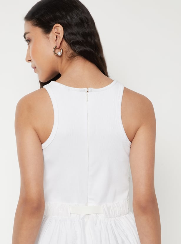 Women Solid A-line Midi Dress with Belt