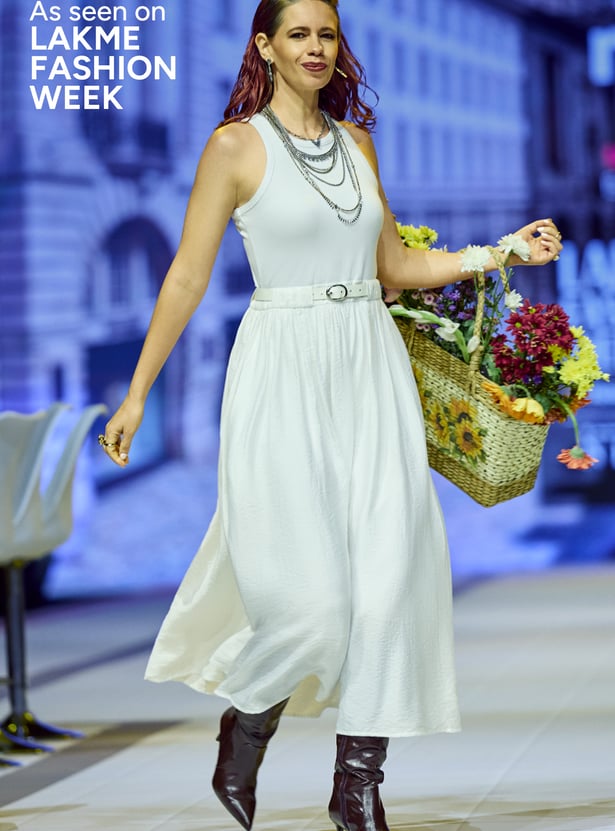 Women Solid A-line Midi Dress with Belt