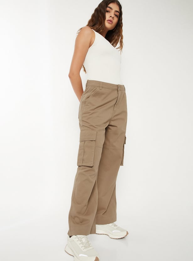 Women Solid Wide Leg Cargo Trousers