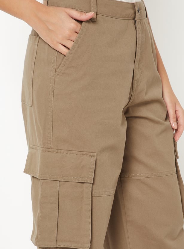 Women Solid Wide Leg Cargo Trousers