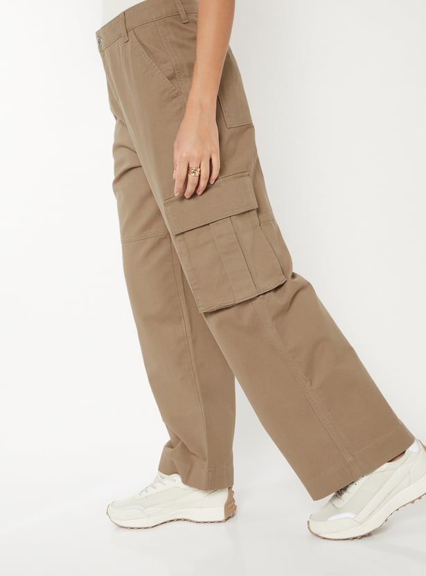 Women Solid Wide Leg Cargo Trousers