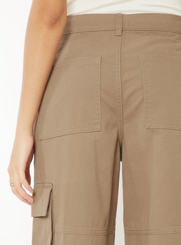 Women Solid Wide Leg Cargo Trousers
