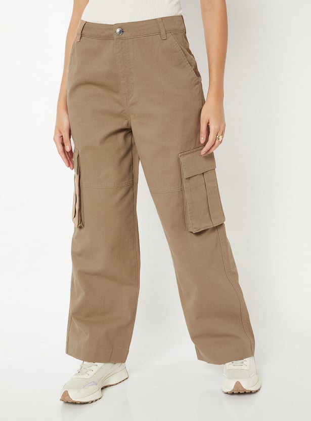 Women Solid Wide Leg Cargo Trousers
