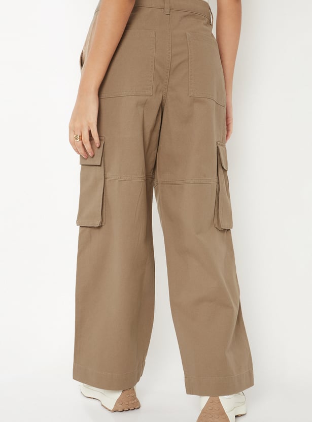 Women Solid Wide Leg Cargo Trousers