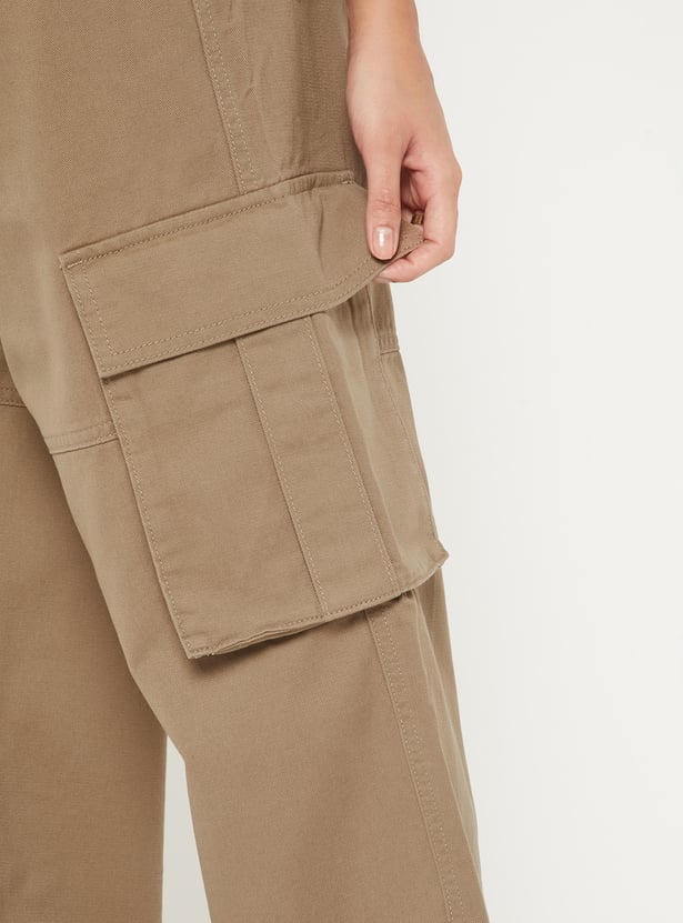 Women Solid Wide Leg Cargo Trousers