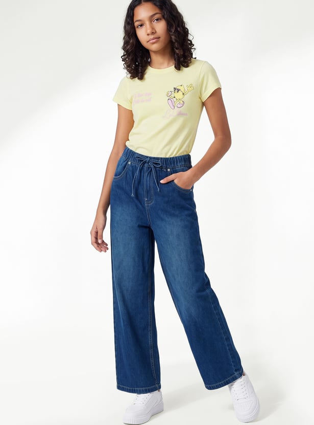 Girls Solid Wide Leg Jeans